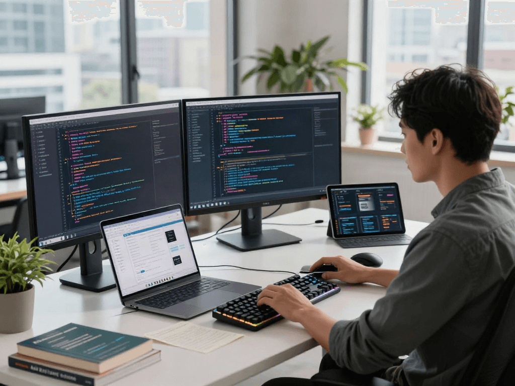 Développeur utilisant Atlas pro dans un environnement de bureau moderne avec plusieurs écrans de code.