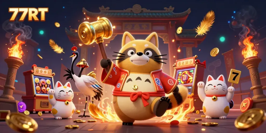 Experience the excitement of 77RT with a cheerful tanuki and samurai crane amidst golden casino elements.
