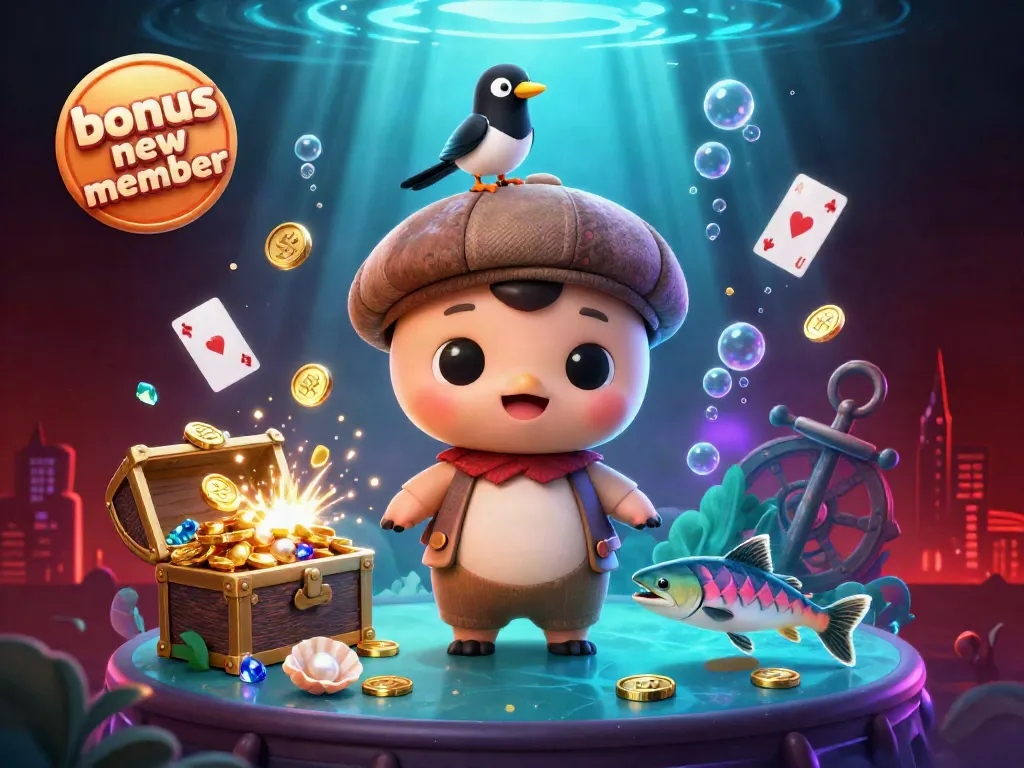 Engage with the bonus new member offer depicted through cartoonish Nessie enjoying gold coins with a magpie friend.