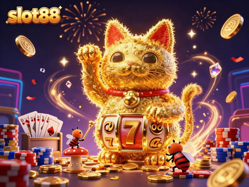 Engage in slot88 adventures with a lucky cat and dazzling casino elements.