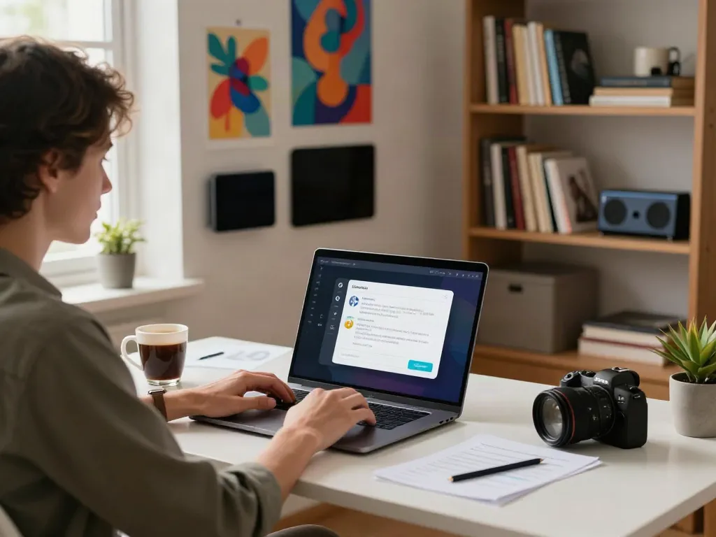 Person engaging in uncensored AI chat at a modern home workspace with warm light.