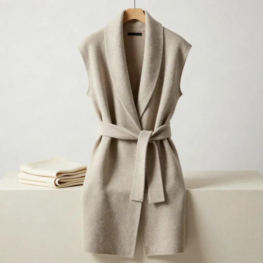 Gilet long ceinturé en maille oatmeal sur fond ivoire, avec écharpe pliée et lumière douce.