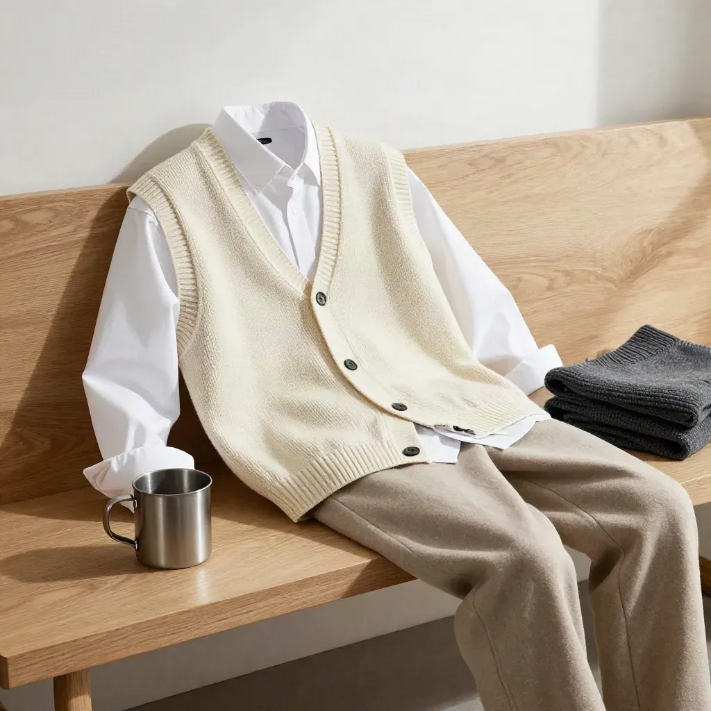Gilet long ivoire sur banc en chêne avec chemise blanche, pantalon écru et mug métal.