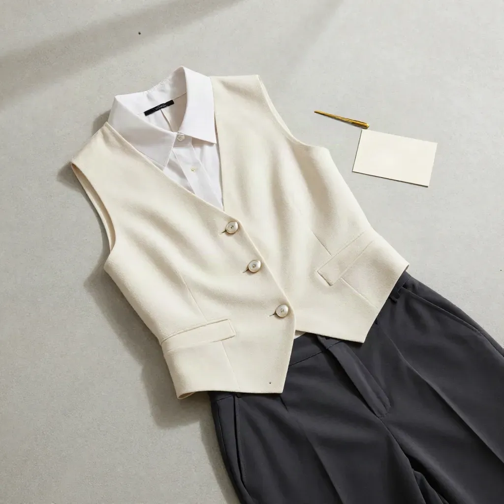 Vue du dessus d’une veste sans manches écrue avec chemise et pantalon tailleur sur dalle béton claire.
