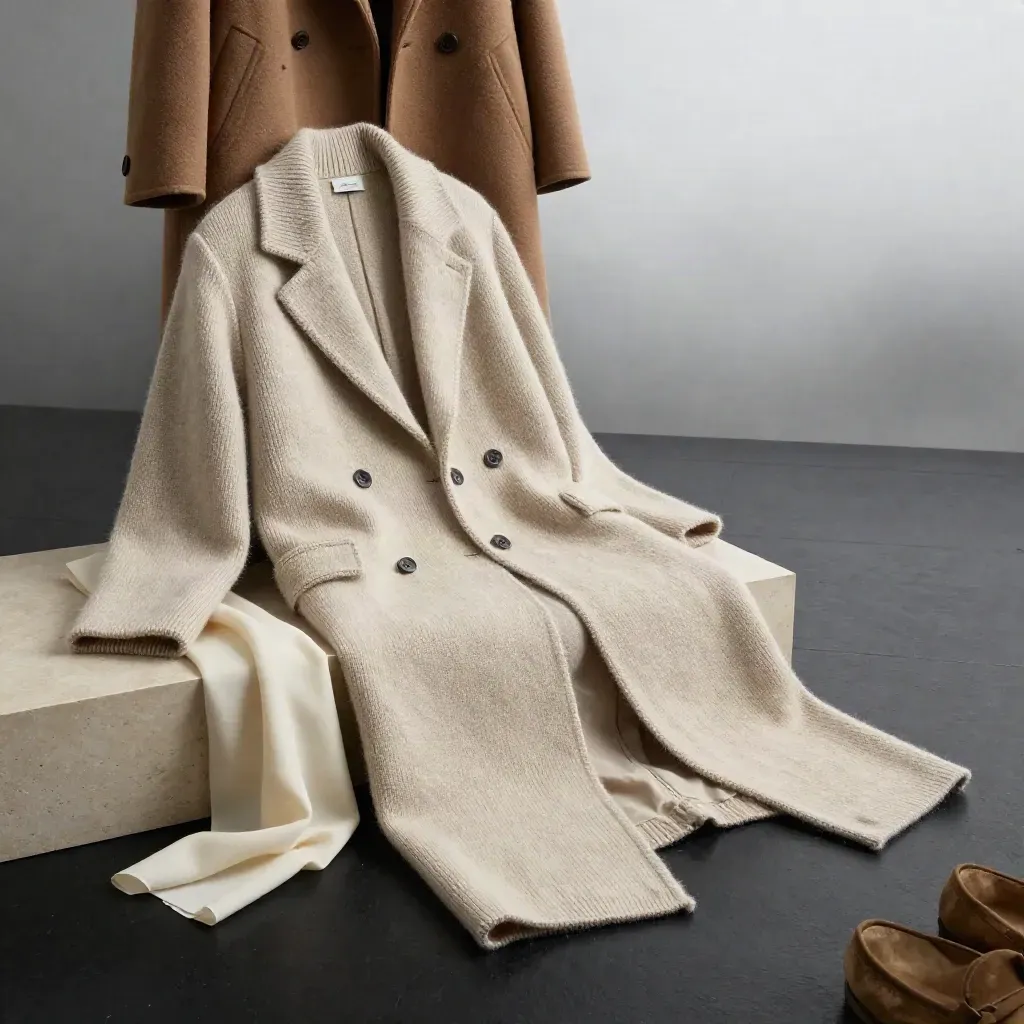 Gilet long écru en maille, écharpe, mocassins et manteau sur plinthe de calcaire.