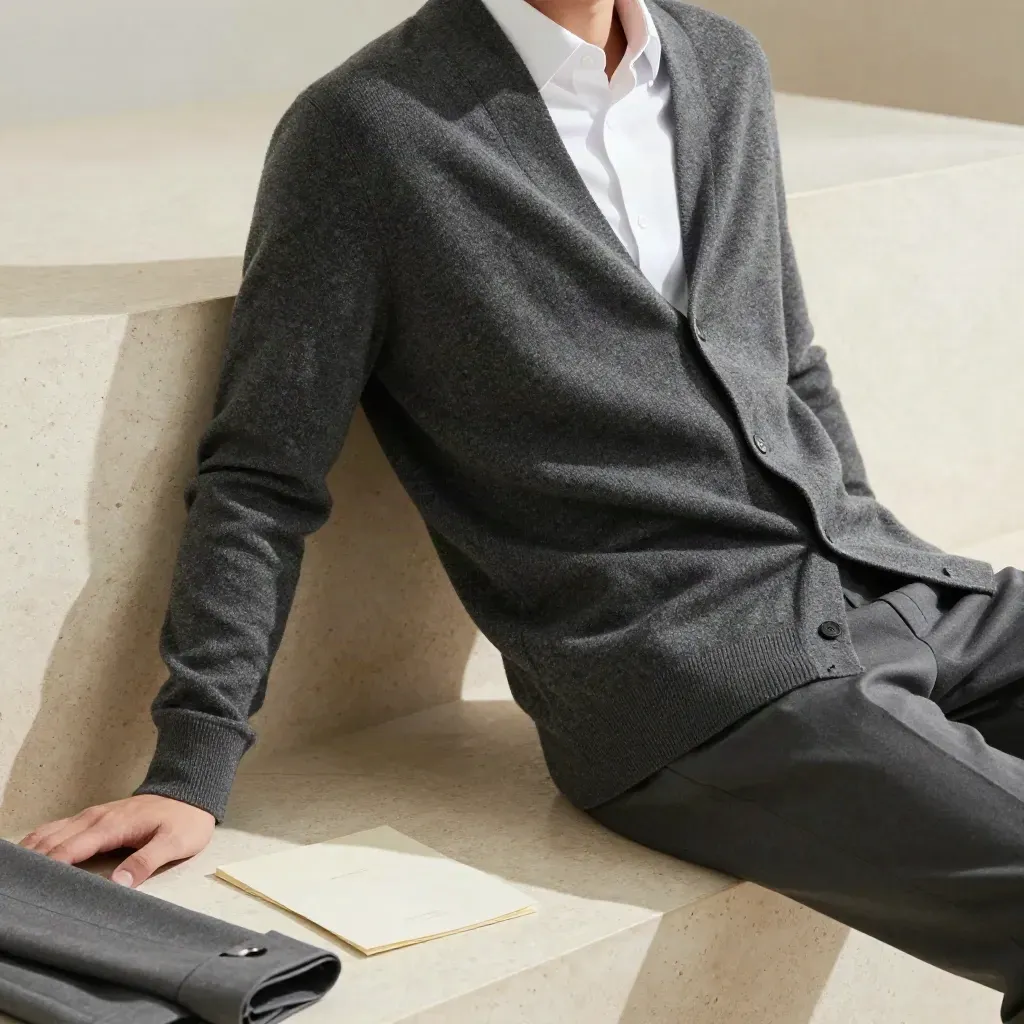 Cardigan charbon et chemise blanche sur banc en travertin, ambiance studio chic.