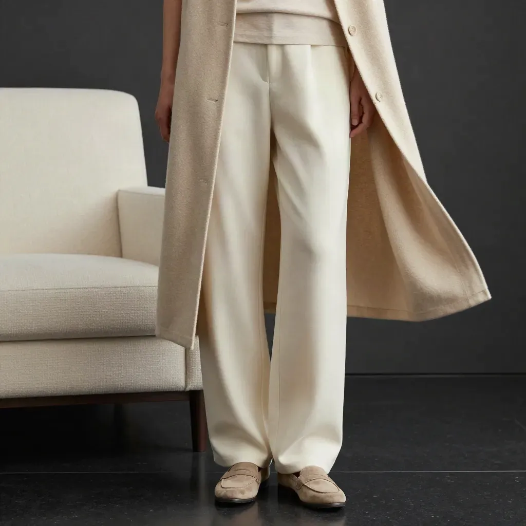Gilet sable sur pantalon crème et tee écru, ourlet soulevé, près d’un fauteuil clair et d’une chaussure en suède.