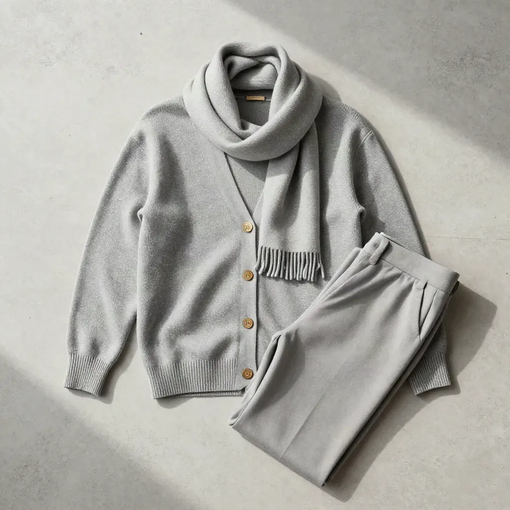 Vue du dessus d’un cardigan gris perle, foulard et pantalon assortis sur béton clair.