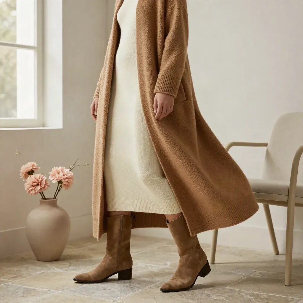 Gilet long camel sur robe crème, bottes en suède, chaise pâle et vase neutre.