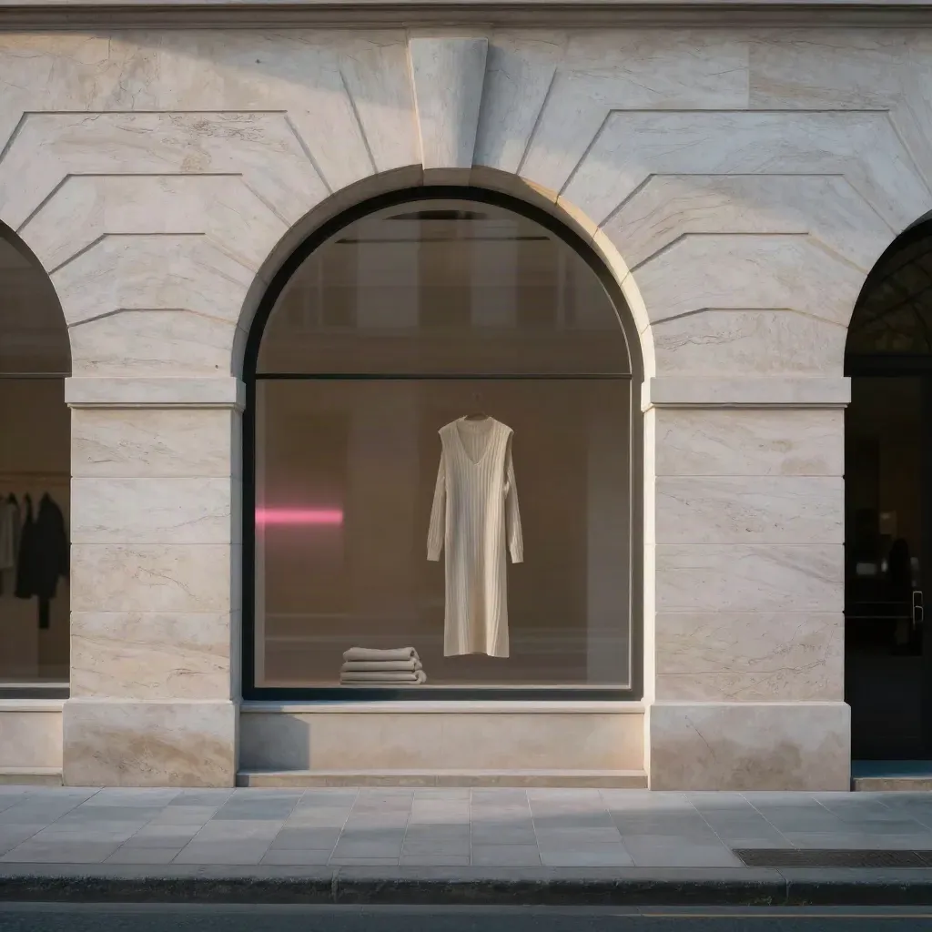 Façade en travertin avec arcade profonde, lumière bleue et vitrines floues.