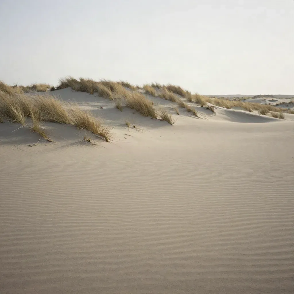 Dune claire avec herbes sèches et ciel pâle, espace vide pour le texte.