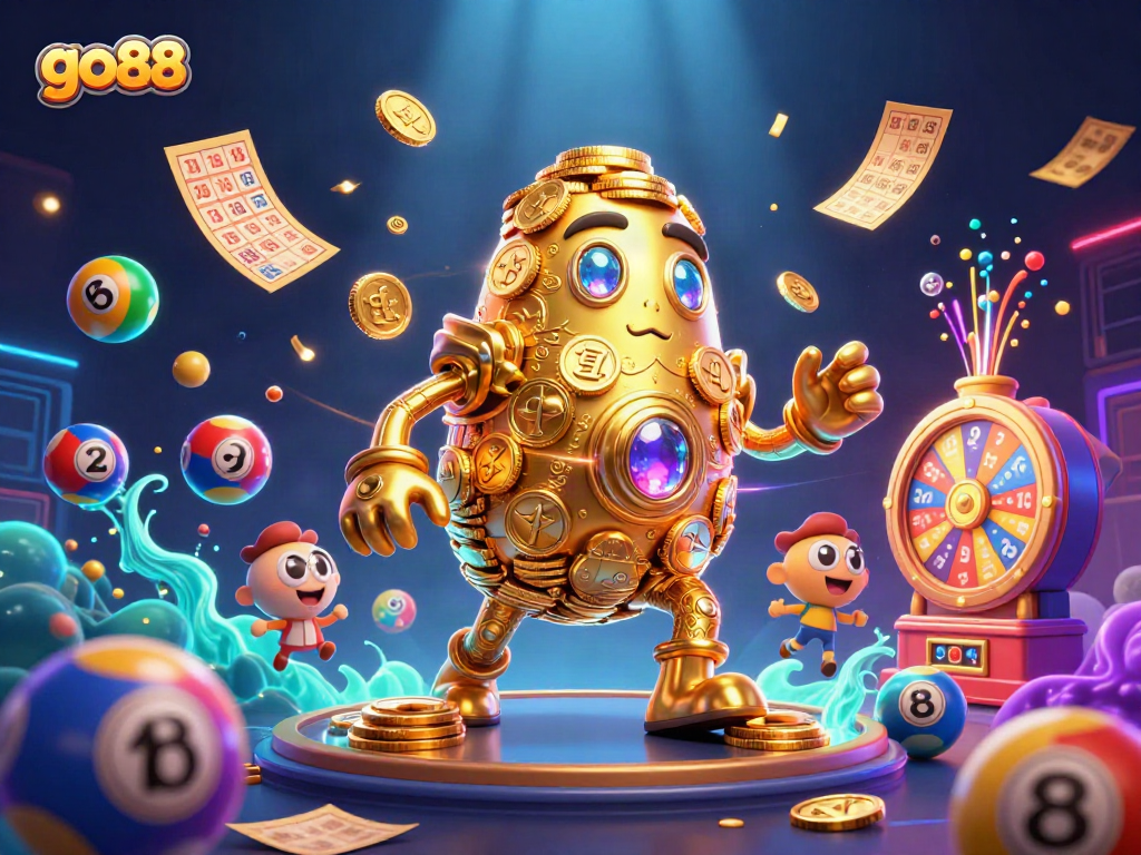 Play exciting games at go88, featuring a golden golem surrounded by vibrant lottery and casino elements.