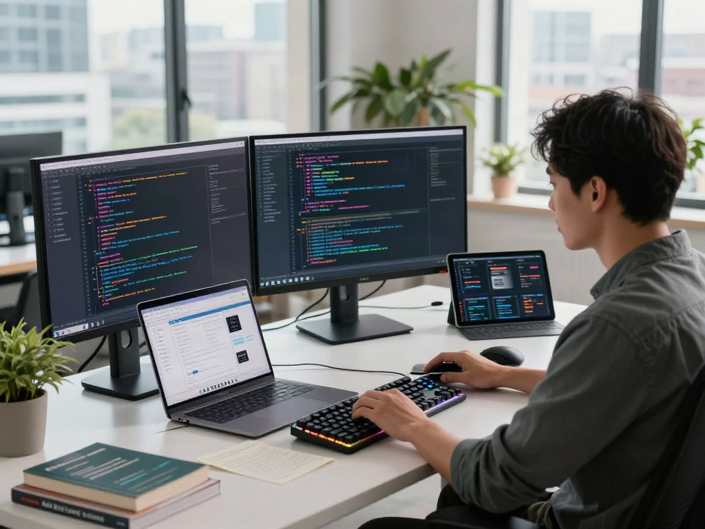 Développeur utilisant Atlas pro dans un environnement de bureau moderne avec plusieurs écrans de code.