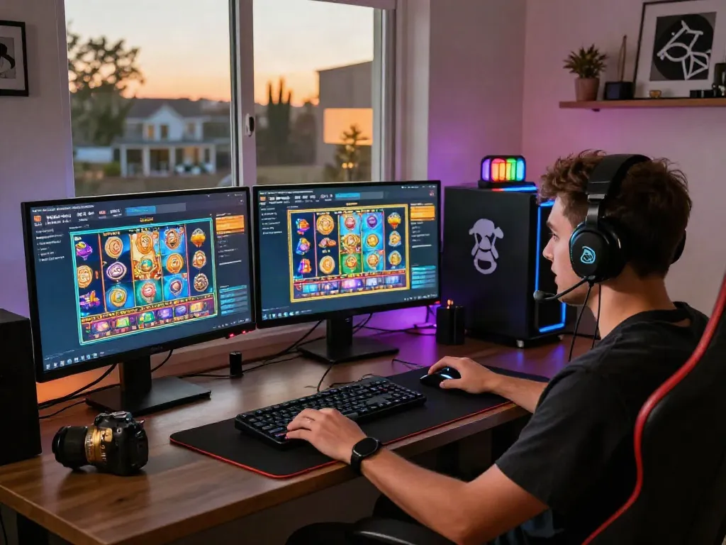 Pengguna aktif memainkan permainan slot Kangtoto di ruang gaming yang nyaman dengan latar belakang santai.