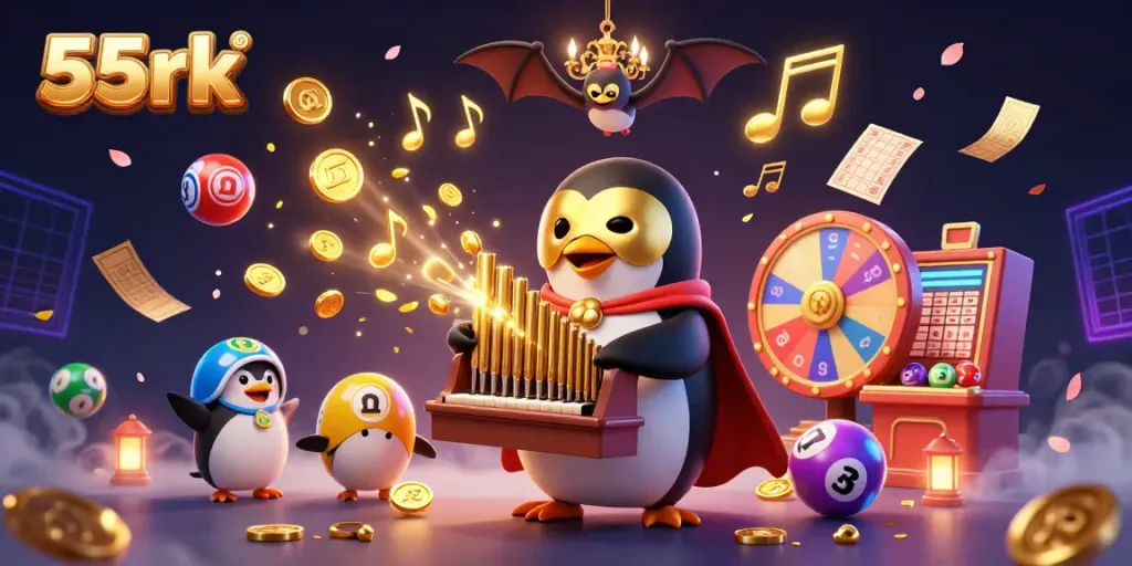 Experience the excitement of 55rk with a vivid scene featuring a penguin and acrobat surrounded by dynamic casino elements.