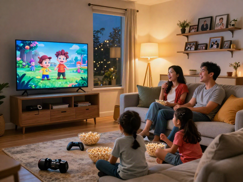 Family enjoying a movie night together with Iron tv pro in a cozy living room.