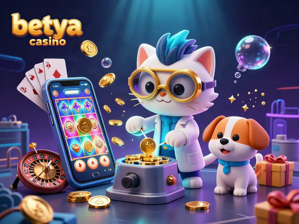 Experience the thrill of betya casino with a vibrant 3D scene depicting mad scientist characters creating wealth and excitement through casino games.