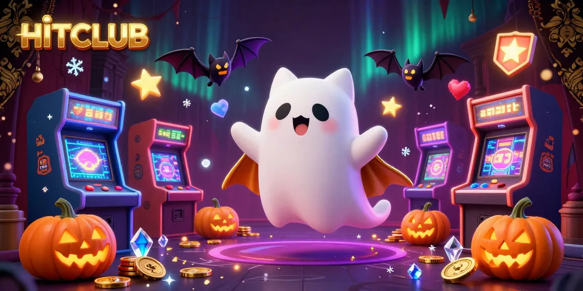 Experience excitement at HITCLUB with the ghost cat and vampire bat amidst neon casino fun.