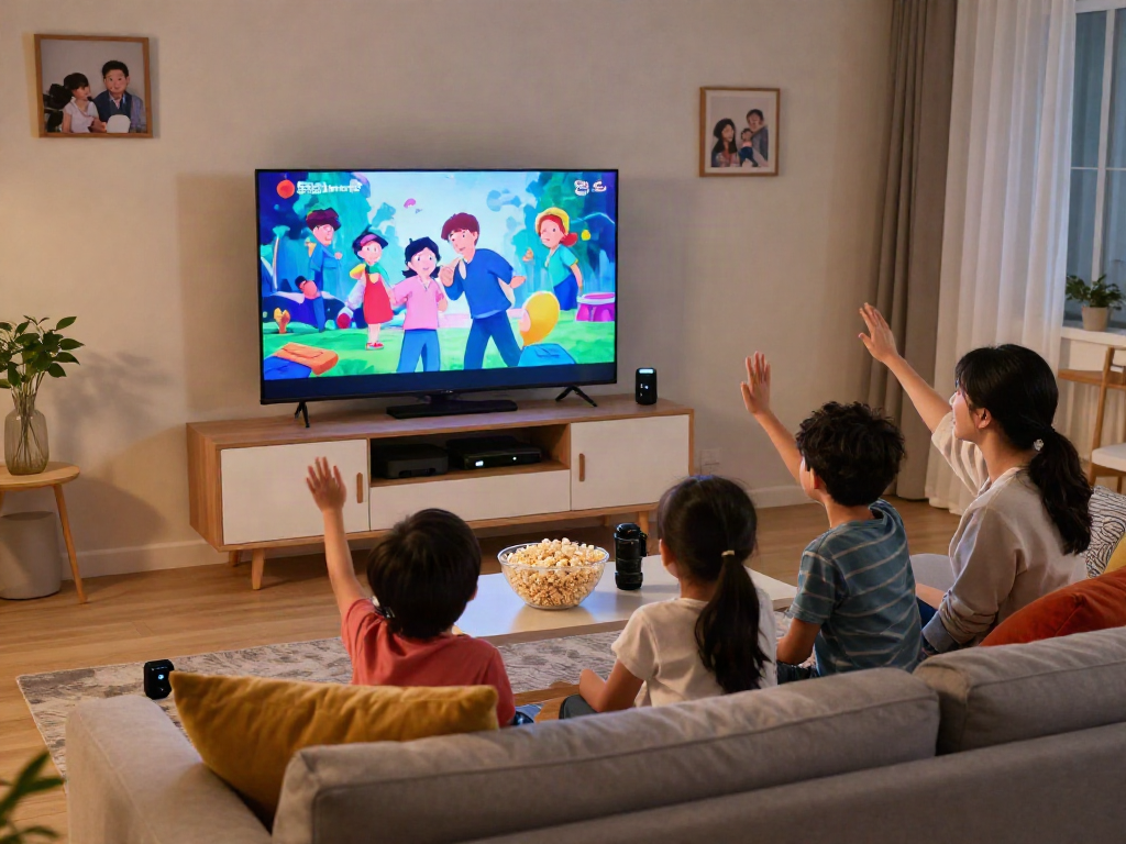 Famille regardant la télévision Iron tv pro dans un salon confortable et moderne.